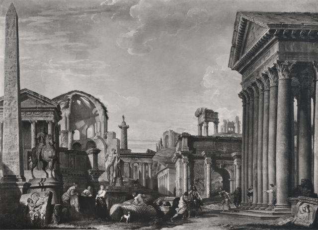 Vasari — Panini Giovanni Paolo - sec. XVIII - Capriccio con statua di Marco Aurelio, obelisco, rovine classiche e figure — insieme